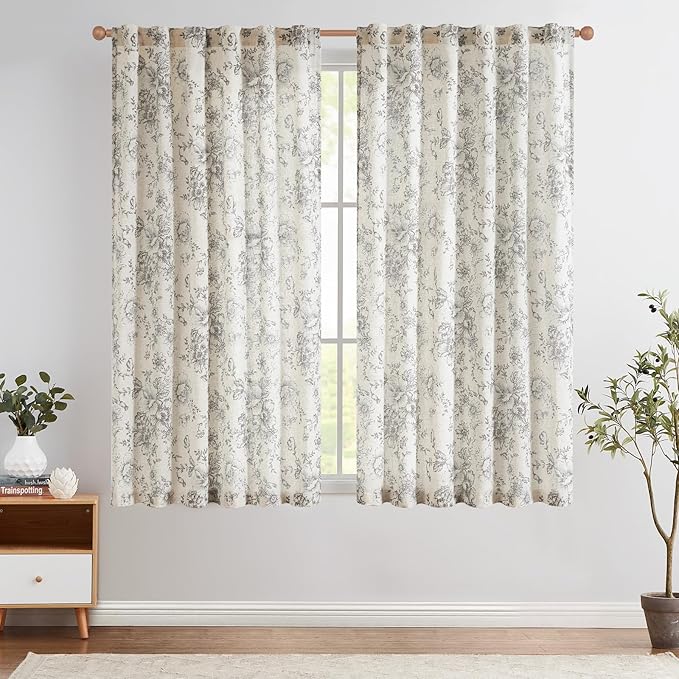 jinchan Linen Blend Curtain Floral Curtains for Living Room 54 Inch Length Grey Printed Curtain Rod Pocket Back Tab Farmhouse Peony Flower Patterned Drapes Bedroom Window Curtains Set 2 Panels - Image 2