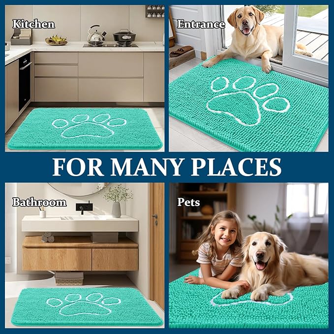OLANLY Dog Door Mat for Muddy Paws 30x20, Paw Print Design, Absorbs Moisture and Dirt, Absorbent Non-Slip Washable Doormat, Quick Dry Chenille Mud Mat for Dogs, Entry Indoor Entryway Carpet, Teal - Image 8