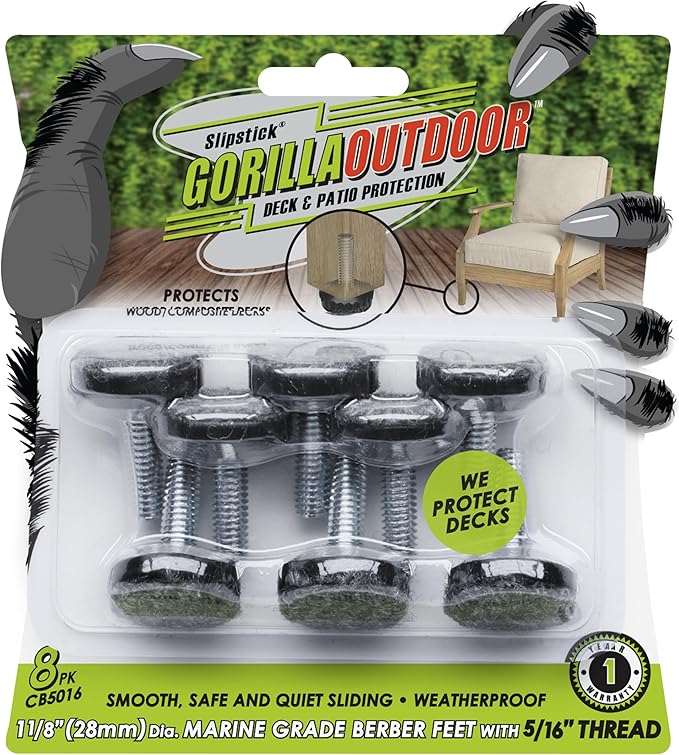 Slipstick Gorilla Outdoor Adjustable Furniture Levelers (8 Pack) Weatherproof Screw in Leg Glides for Chairs, Tables, and Outdoor Furniture Feet, 1-1/8 Inch Berber Glide, 5/16”-18 BSW Thread by Slipstick