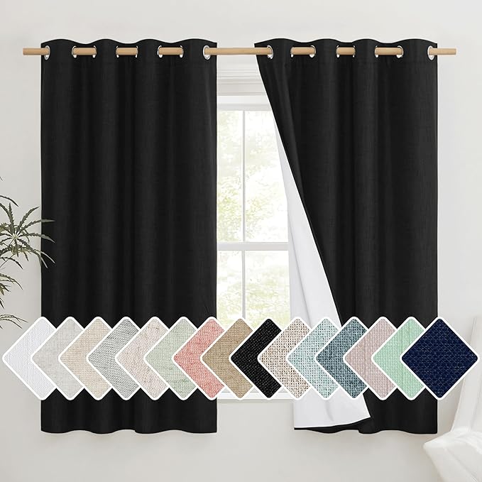 NICETOWN Vintage Open Linen Weave Flax Thermal Curtains, 100% Blackout Curtains 48 inches Long for Dining Room, Soundproof Window Treatment Drapes for Cupboard, Black, 52" Wide Per Panel, Set of 2 by NICETOWN
