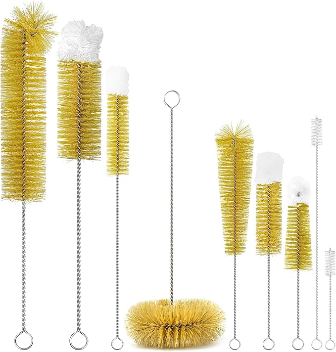 9-Pack Thin Long Handle Bottle Brushes, Stainless Steel Wire Cleaners with Boar Bristle & Wool Tip, Flexible Narrow Neck Cleaner for Wine Bottles, Tubes, Straws, Pipe, Hose & Decanter by Attoshow