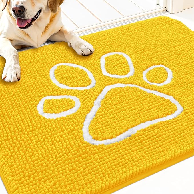 OLANLY Dog Door Mat for Muddy Paws 30x20, Paw Print Design, Absorbs Moisture and Dirt, Absorbent Non-Slip Washable Doormat, Quick Dry Chenille Mud Mat for Dogs, Entry Indoor Entryway Carpet, Yellow by OLANLY