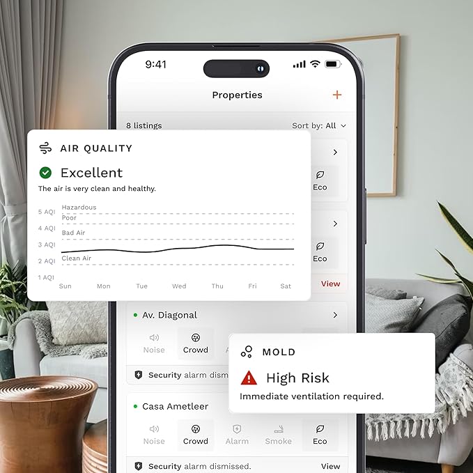Smart Sensor for Air Quality Monitor, AC Control CO, WiFi Quality, Energy Savings Monitoring | Ideal for Airbnb, Homes & Offices | Tracks Temp, Humidity, Smoke, Noise & More - Image 2