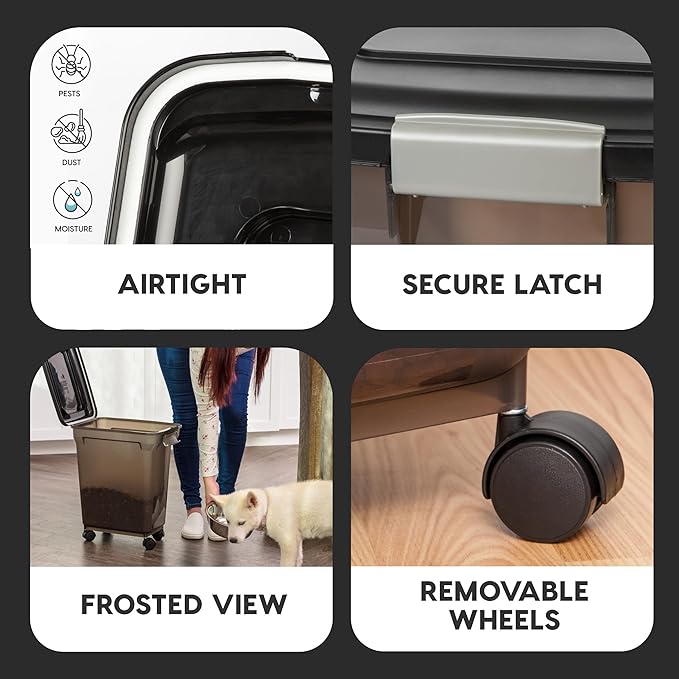 IRIS USA 22 Lbs / 28 Qt WeatherPro Airtight Pet Food Storage Container with Attachable Casters, For Dog Cat Bird and Other Pet Food Storage Bin, Keep Fresh, Easy Mobility, BPA Free, Smoke - Image 4