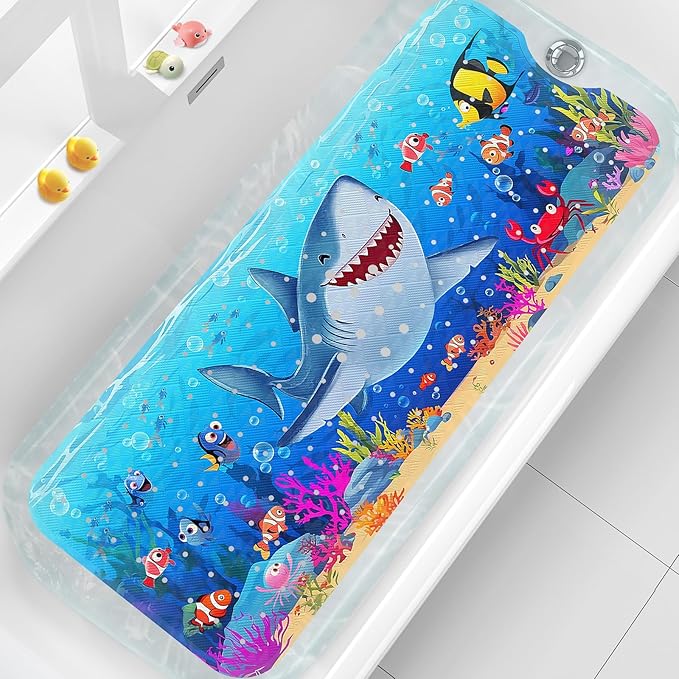 XIYUNTE Baby Bath Mat for Tub Non Slip Kids Bath Mat - 40''x16'' Extra Long Cartoon Shark Baby Bath Tub Mat Eco-Friendly Toddler Bath Mats with Suction Cups & Drain Holes, Easy to Clean & Easy Drying by XIYUNTE