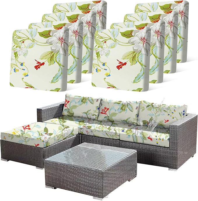 8 Pcs Stretch Sofa Cushion Cover for Patio Floral Waterproof Outdoor Sofa Seat Cushions Covers Summer Tropical Flower Indoor Replacement Couch Slipcover Flexibility Chair Seat Cover by CALBODE