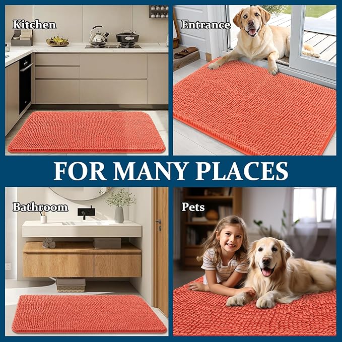 OLANLY Dog Door Mat for Muddy Paws 47x24, Absorbs Moisture and Dirt, Absorbent Non-Slip Washable Doormat, Quick Dry Chenille Mud Mat for Dogs, Entry Indoor Entryway Carpet for Inside Floor, Coral - Image 8