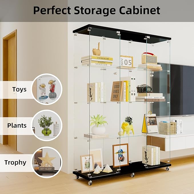 Yoluckea 4 Shelves Glass Display Cabinet Extra Large, Curio Collection Glass Display Case for Home Office, Floor Standing Bookshelf Corner Cabinet for Book Toys Glory (Black) - Image 6