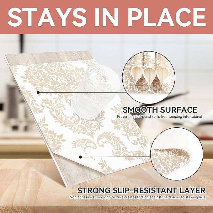 RAY STAR Cabinet Liner, Non Adhesive 12 Inch x 10 Feet Shelf Liners for Kitchen Cabinets Non Slip Grip Bottom Waterproof Easy Trim Wipe Clean Pantry Mat Vinyl Shelves Paper Drawer Sink Gold Damask - Image 3