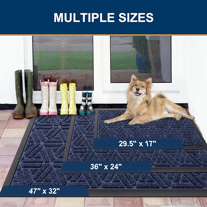 Smiry Front Door Mat Outside Entrance, Heavy Duty Sturdy Natural Rubber Doormat, Trap Dirt and Moisture, Easy Clean Low Profile Mats for Indoor Outdoor Entry, Grid Geometric (35x23, Navy Blue) - Image 2