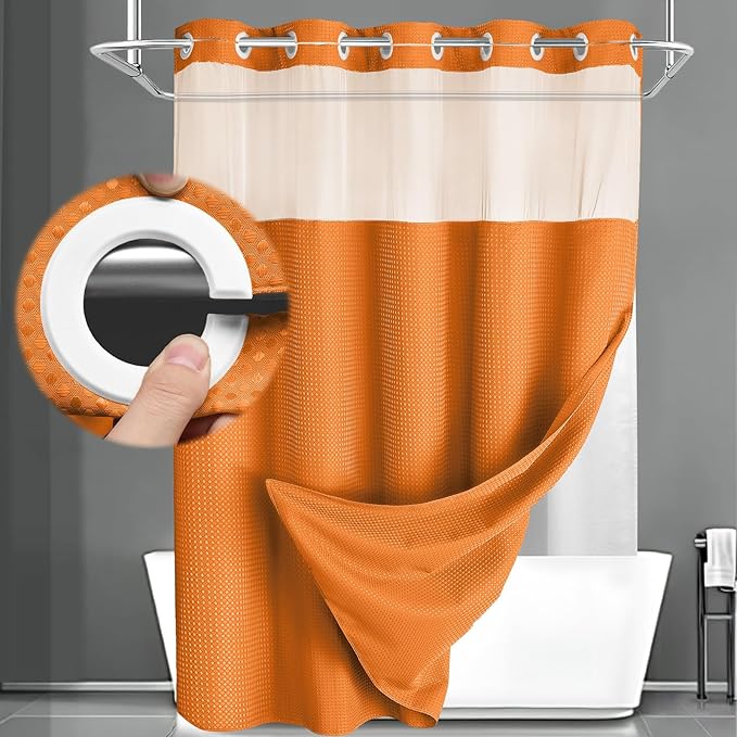 No Hook Shower Curtain and Liner Set,Orange Hotel Waffle Shower Curtain with Liner 75" L x 72" W by Unknown