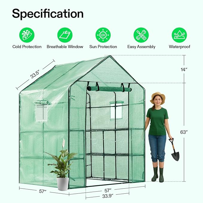 VIVOSUN 57x57x77 Inch Mini Walk in Green House with Window and Anchor, Plant Garden Hot House 2 Tiers 8 Shelves, 4.7 x 4.7 x 6.4 FT - Image 2