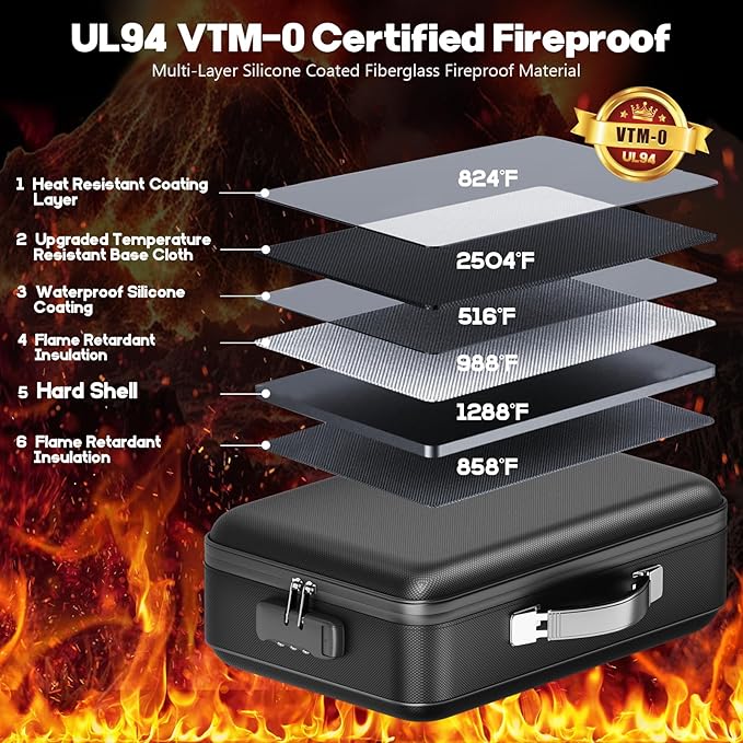 Fireproof Document Box, Hard Case Highly Flame-Resistant Fire Proof Waterproof File Organizer with Lock, Portable Fire Safe for Important Documents & Valuables Storage (Black, ‎16"*12"*5") - Image 2