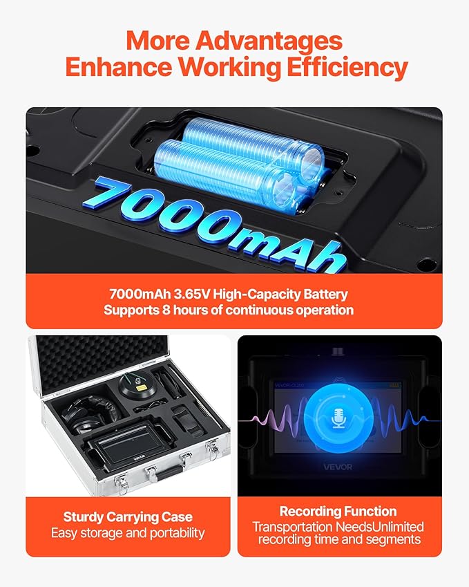 VEVOR Pipe Water Leak Detector, 1Hz-5000Hz, 7" Touchscreen Pipeline Leakage Detection Locator for 6.6FT (2m) Underground Plumbing – with Sensor, 3 Listening Rods, Headphones, 8GB Card & Carry Case - Image 6