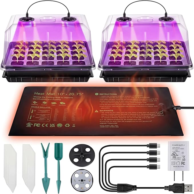 2 Sets Seed Starter Tray with Grow Light & Heat Mat, 40-Cell Seed Starter Kit with Humidity Dome & Adjustable Vents, Indoor Plant Germination Trays, Seedling Startering Trays for Faster Germination by Saillong