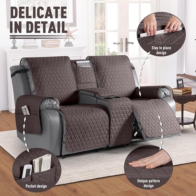 TAOCOCO 100% Waterproof Loveseat Recliner Cover with Console, Non-Slip Washable Reclining Couch Cover for 2 Seats, Furniture Protector for Dogs, Dark Brown - Image 6