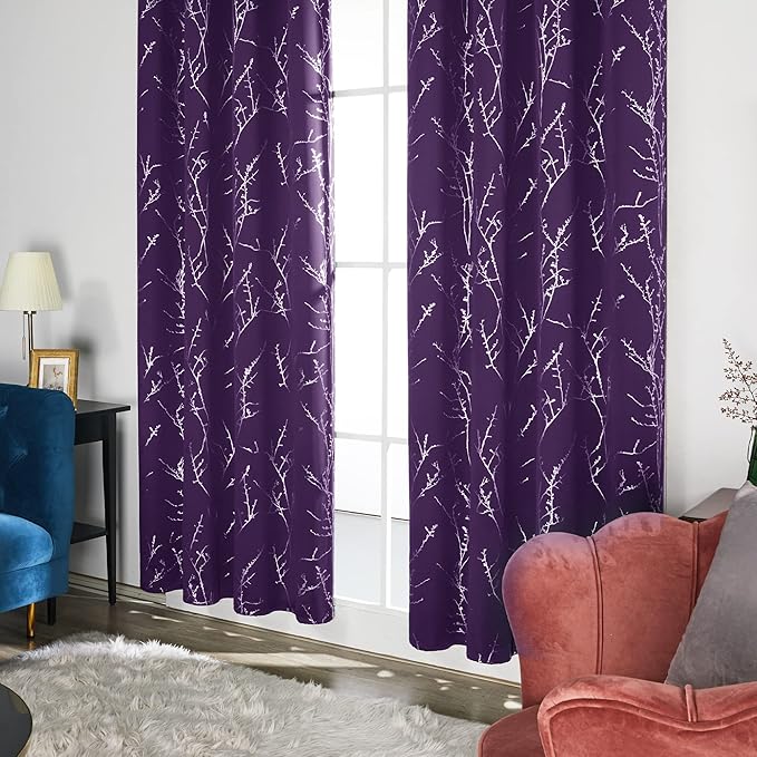 Deconovo Blackout Curtains, Purple Curtain, Thermal Insulated Soundproof Grommet Drapes, Silver Tree Foil Print, 52 x 63 Inch, 2 Panels, Machine Washable Window Panel for Living Room Bedroom Office - Image 4