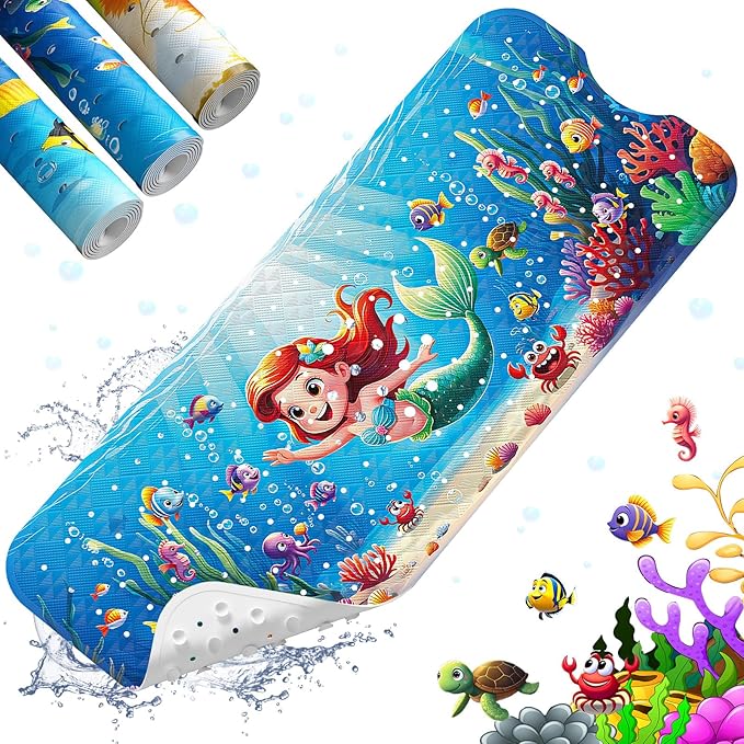 XIYUNTE Baby Bath Mat for Tub Non Slip Kids Bath Mat - 40''x16'' Extra Long Cartoon Turtle Baby Bath Tub Mat Eco-Friendly Toddler Bath Mats with Suction Cups & Drain Holes, Easy to Clean & Easy Drying by XIYUNTE