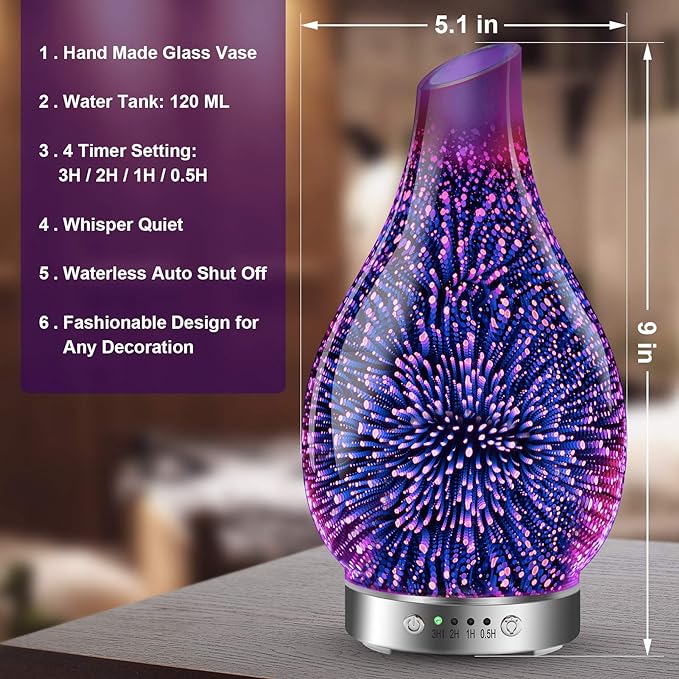 MAXWINER Essential Oil Diffusers Ultrasonic 3D Glass Aromatherapy Diffuser, Auto Shut-Off, Timer Setting, 7 Colors LED Lights Changing for Home, Office, Spa 120ml - Image 3