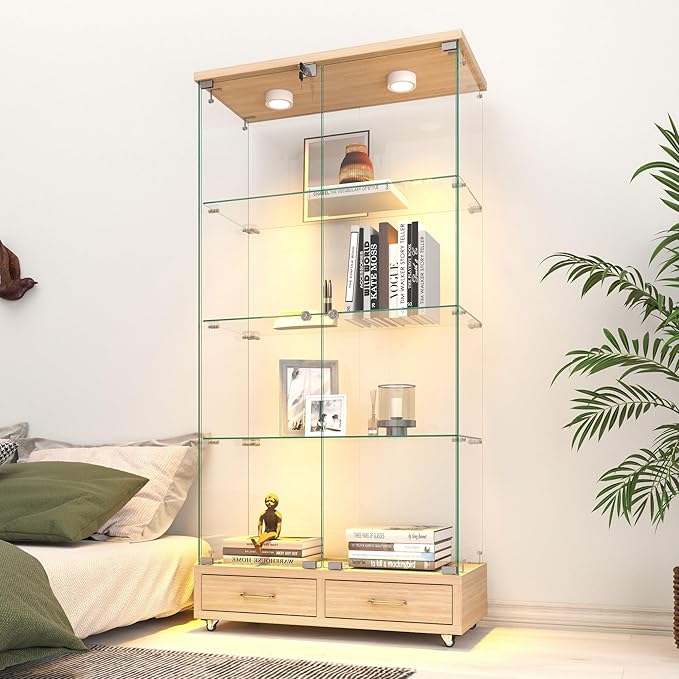 Yoluckea 4 Tier Glass Display Cabinet with LED Lighting and 2 Drawers, 2 Doors Floor Standing Curio Cabinet with Wheel for Home, Office,Corner Display,Natural Glass Bookshelf for Collections and Decor by Yoluckea