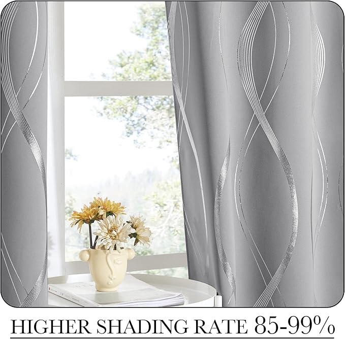 NICETOWN Kitchen Blackout Curtain Panels, Silver Grey, Set of 2, 42 by 48 Inch, Window Treatment Thermal Insulated Solid Grommet Blackout Wave Line Foil Print Design Curtains for Kitchen, Cafe, Loft - Image 4