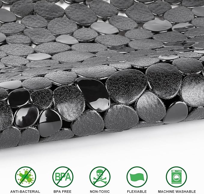 WELTRXE Pebbles Bath Mat for Tub Black Non-Slip Bathtub Mat with Suction Cups, Drain Holes for Bathroom Showers, Tub, Machine Washable, BPA, Latex Free Oval Shower Mats Bath Tub mat, 27 x 14 Inch - Image 2