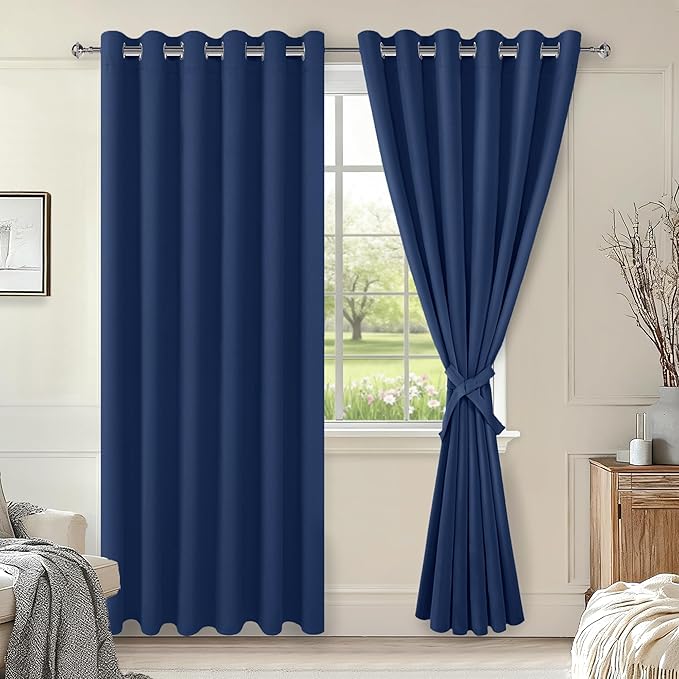 Hiasan Room Darkening Curtains for Bedroom, 70 x 84 Inches - Thermal Insulated & Energy Saving Window Drapes for Living Room/Dorm Room, Set of 2 Panels Sewn with Tiebacks, Navy by Hiasan