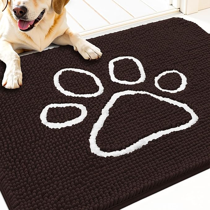 OLANLY Dog Door Mat for Muddy Paws 32x20, Paw Print Design, Absorbs Moisture and Dirt, Absorbent Non-Slip Washable Doormat, Quick Dry Chenille Mud Mat for Dogs, Entry Indoor Entryway Carpet, Brown by OLANLY