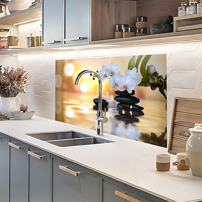 NYZE Kitchen Backsplash Stickers Waterproof Stove Backsplash Protector, 30 X 16 inch Removable Kitchen Wallpaper with Wall Art Decor for Stove Cooking Area(Orchid & Stacked Stones) - Image 7