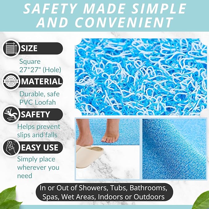 Enkosi Loofah Shower Mat with Drain Hole – Cushioned Anti-Slip Square Bath Mat for Showers, and Bathroom Floors – Textured PVC, Non Slip Safety Pad for Walk-in Stalls and Wet Areas (27x27 Aqua Blue) - Image 3