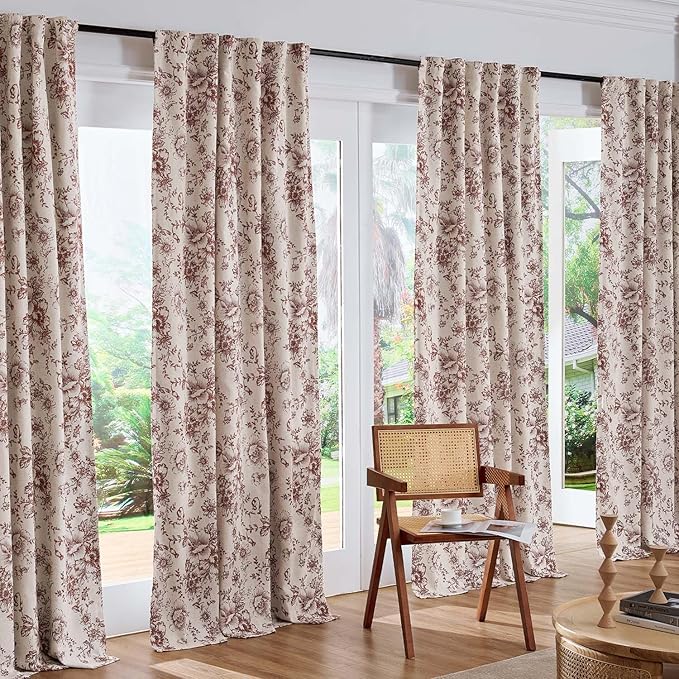 jinchan Blackout Floral Curtains Linen Blend Curtain for Living Room 84 Inch Length Farmhouse Brick Red Flower Printed Drapes for Bedroom Rod Pocket Back Tab Curtains Set 2 Panels - Image 7
