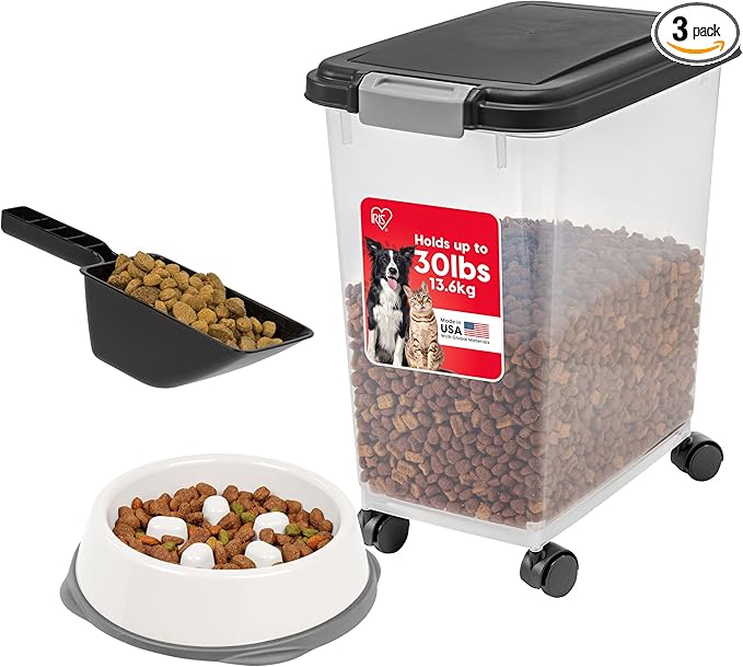 IRIS USA Airtight Dog Food Storage Container with 2-Cup Scoop and Slow Feeder Bowl Combo, Up to 30 lbs Pet Food Bin with Attachable Wheels, Anti-Slip Short Snouted Bowl, Easy to Clean, BPA Free, Black by IRISUSA