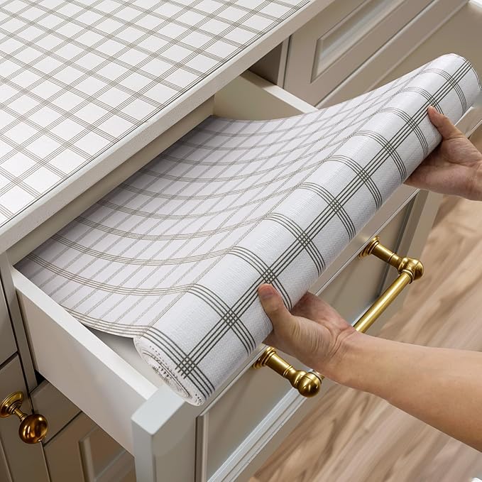 Shelf and Drawer Liner for Kitchen Cabinets Non-Adhesive, Strong Grip Non-Slip Thickened Cabinet Liners for Shelves, Waterproof Mats for Dresser Cupboard, White Square, 23 in x 30 Feet by Shinlendid