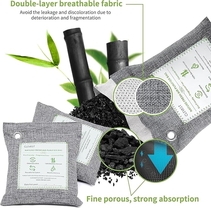 CLEVAST Bamboo Charcoal Air Purifying Bags - (Large, 4×200g), Removes Odors and Moisture, Nature Fresh Air Purifier Bags, Odor Eliminator for Home, Car, Pets, Bathroom, Basement - Image 7