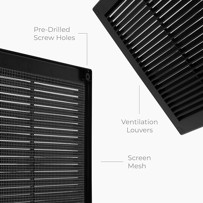 2-Pack 10" x 10" (Outer Size) Square Air Vent Cover – Black Plastic Vent Deflector - Screen Mesh, Surface Mount Wall Ceiling – Cold Air Return Soffit Air Vent Cover - Register Indoor Outdoor - Image 7