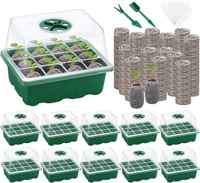 10 Sets Seed Starter Tray Kit Seed Starter Trays with Humidity Dome and Base Include 120 Peat Pellets 200 Plant Labels Garden Tools Plant Germination Tray Set for Indoor Outdoor Planting, Green by Hahood