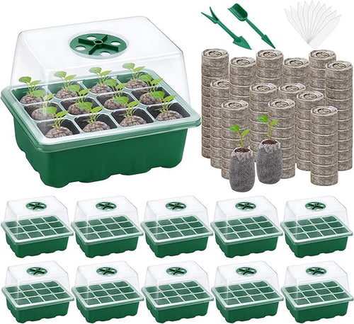 10 Sets Seed Starter Tray Kit Seed Starter Trays with Humidity Dome and Base Include 120 Peat Pellets 200 Plant Labels Garden Tools Plant Germination Tray Set for Indoor Outdoor Planting, Green by Hahood