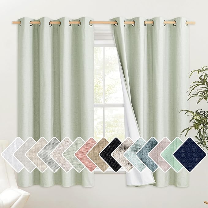 NICETOWN Sage Green Kitchen Linen Completely Shaded Draperies, 2 Pieces, W52 x L63, Privacy Protection & Noise Reducing Ring Top Drapes, White Lined Insulated Window Treatment Curtain Panels by NICETOWN