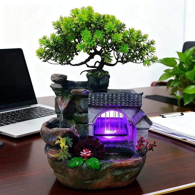 11" Desktop Fountain Rock Waterfall Humidifier with Artificial Tree &LED Light, Tabletop Water Fountains Indoor Fake Plant Bonsai Tree Feng Shui Decoration for Aquariums Office Bedroom Home Décor - Image 7