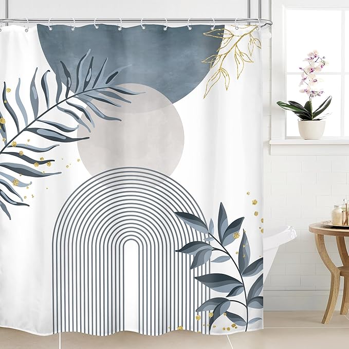 Blue Gray Boho Shower Curtain 60Wx72H Abstract Grey Bohemian Modern Leaves Mid Century Minimalist Plant Bathroom Decor Contemporary Simple Neutral Bath Curtain Fabric Polyester 12 Pack Hooks by MitpokBrand