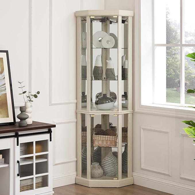 Elegant Corner Curio Cabinet with Lights & Tempered Glass Door, Wooden Display Cabinet with 4 Adjustable Glass Shelves & Mirrored Back for Living Room, Dining Room, Office (White) - Image 3
