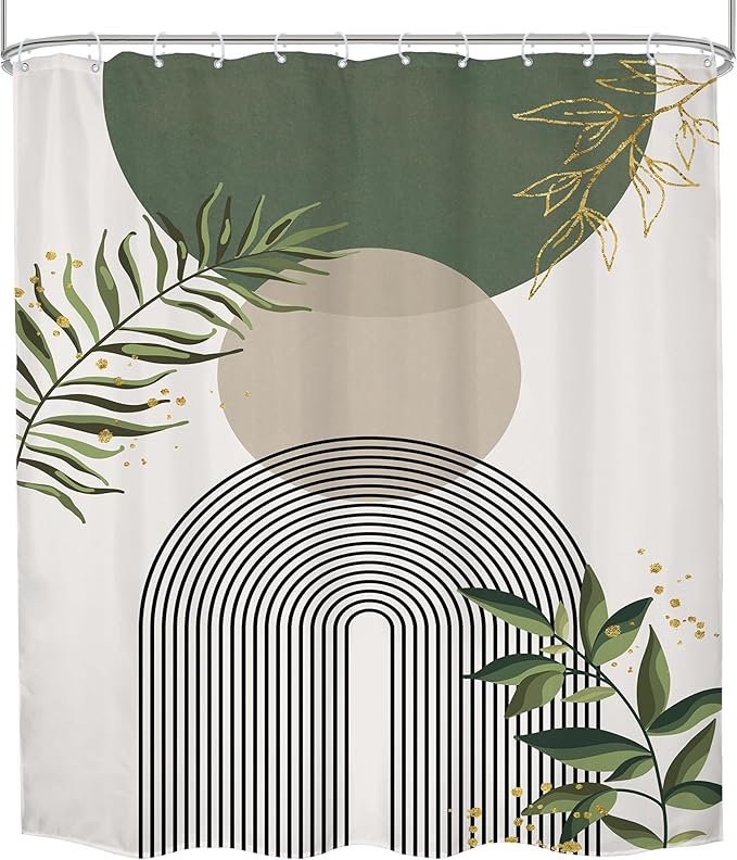 Green Boho Shower Curtain 72Wx96H Extra Long Mid Century Modern Abstract Green Gold Minimalist Leaves Sun Arch Bathroom Decor Geometric Plant Bath Curtain Fabric Polyester 12 Pack Hooks - Image 8