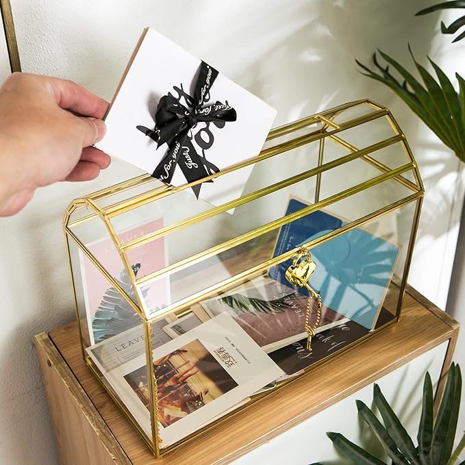 Wedding Card Box with Slot, 12.2'' Large Glass Card Boxes for Reception, Gold Cards Holder, Clear Decorative Storage Box with Lock for Baby Shower, Birthday Party, Christmas, Bridal Shower - Image 3