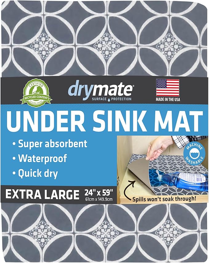 Drymate Premium XL Under Sink Mat, Waterproof Cabinet Protection Mats for Kitchen & Bathroom, Absorbent Shelf Liners, Slip-Resistant, Non-Adhesive, Machine Washable (USA Made)(24”x59”)(Indigo Grey) by Drymate