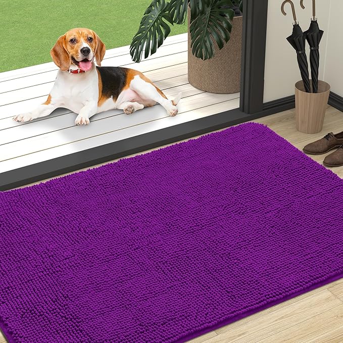 OLANLY Dog Door Mat for Muddy Paws 47x32, Absorbs Moisture and Dirt, Absorbent Non-Slip Washable Doormat, Quick Dry Chenille Mud Mat for Dogs, Entry Indoor Entryway Carpet for Inside Floor, Purple by OLANLY