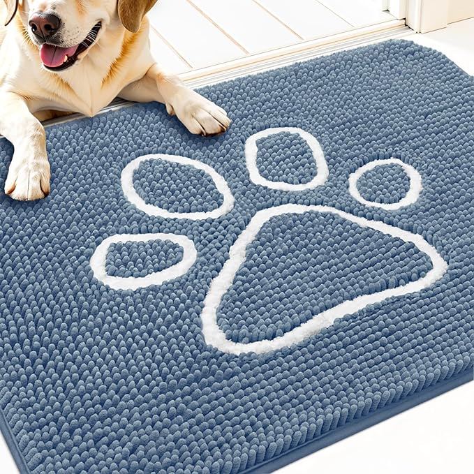 OLANLY Dog Door Mat for Muddy Paws 32x20, Paw Print Design, Absorbs Moisture and Dirt, Non-Slip Washable Doormat, Quick Dry Chenille Mud Mat, Entry Indoor Entryway Carpet, Airy Blue and White by OLANLY