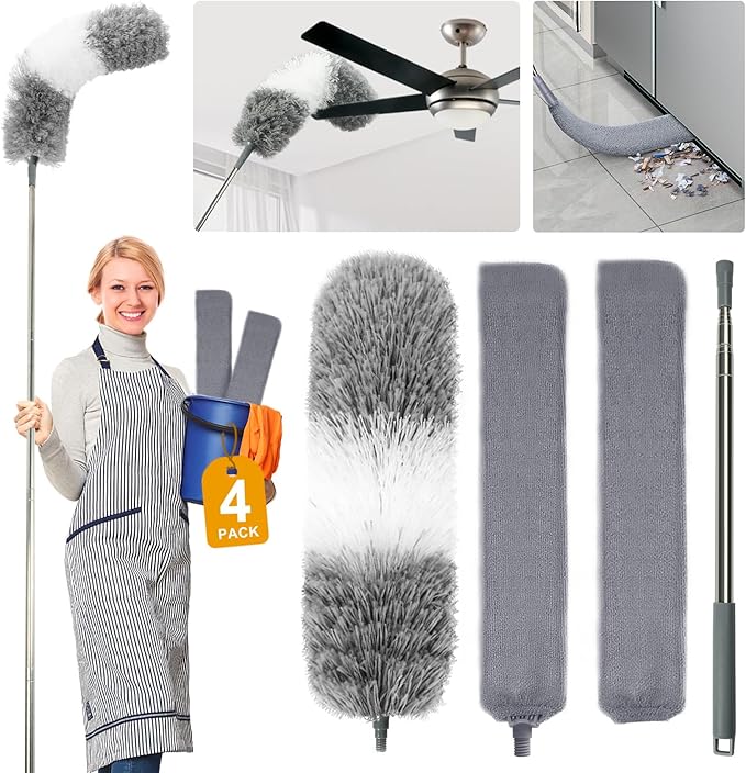 4 Pcs Dusters for Cleaning, 2 in 1 Microfiber Dusters and Retractable Gap Dust Cleaner with 1 Microfiber Dusting Cloths Long Handle 30-100 Inches Extension Pole for Ceiling Fan Cleaning Supplies by AURUZA