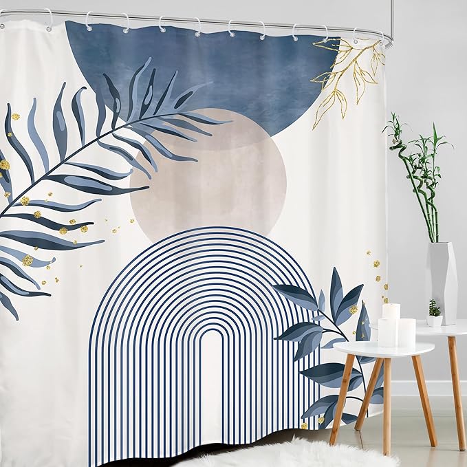 Navy Blue Boho Shower Curtain 72Wx78H Grey Modern Bohemian Abstract Leaves Plant Botanical Mid Century Minimalist Bathroom Decor Geometric Neutral Bath Curtain Fabric Polyester 12 Pack Hooks - Image 3