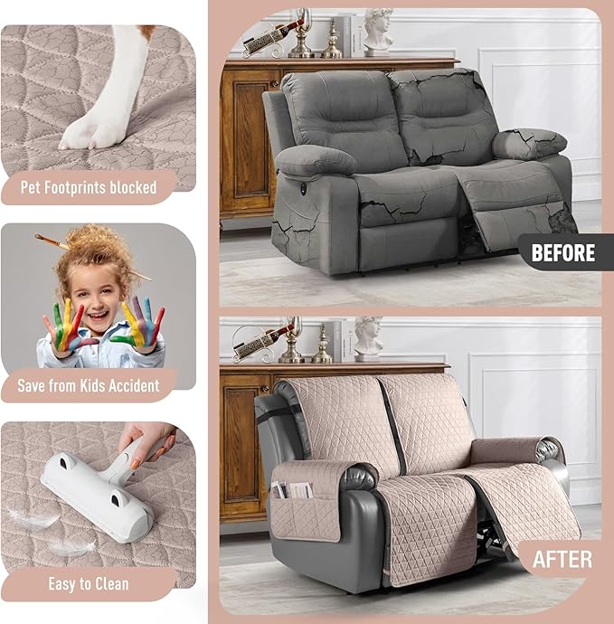 TAOCOCO 100% Waterproof Recliner Cover, Non-Slip Washable Reclining Couch Cover with Elastic Leg Straps, Furniture Protector for Dogs (Pink, 2 Seater) - Image 2