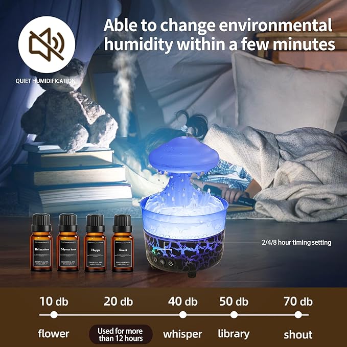 BOHOFAM Aroma Essential Oil Diffuser,Rain Cloud humidifier Simultaneously Water Drip and Air Mist,Rain Diffuser with 4 Hotel Collection Essential Oils for Home,Bedroom,Colorful Light(Black) - Image 7